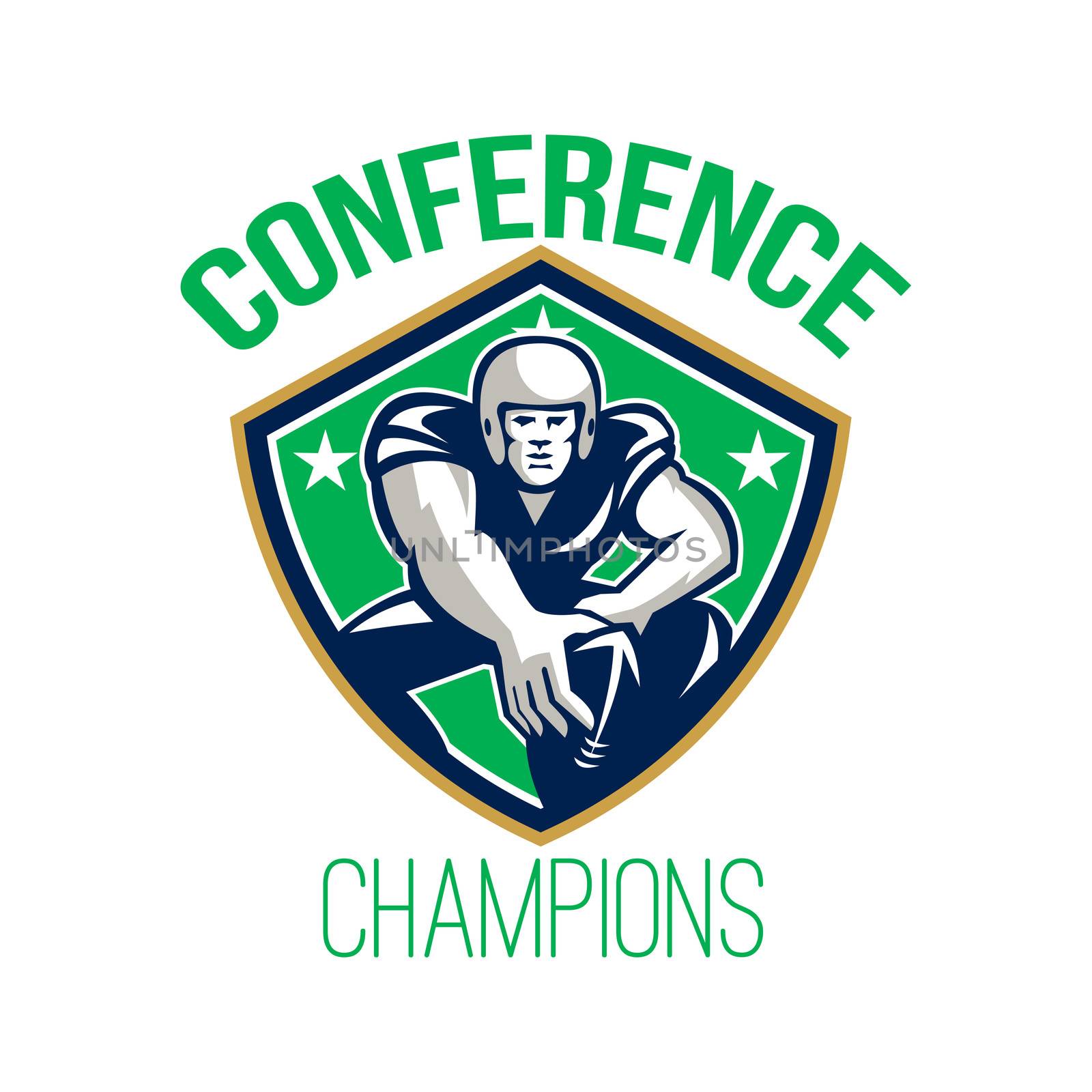 Illustration of an american football gridiron player center with hand on ball ready to snap facing front set inside crest shield with stars done in retro style with words Conference Champions.