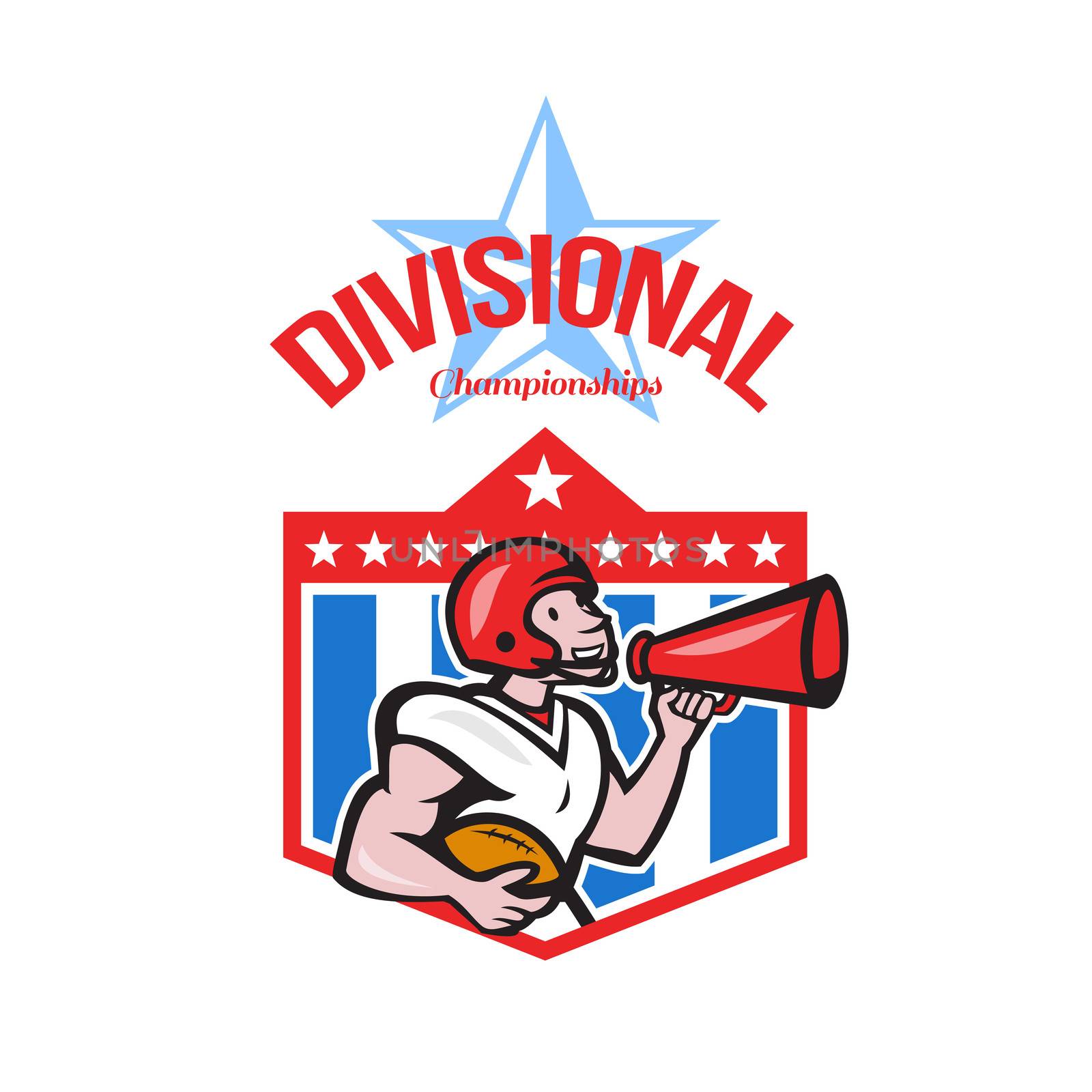 Illustration of an american football gridiron quarterback player holding bullhorn blowhorn shouting facing side set inside crest shield with stars in background done in cartoon style with words Divisional Champions.