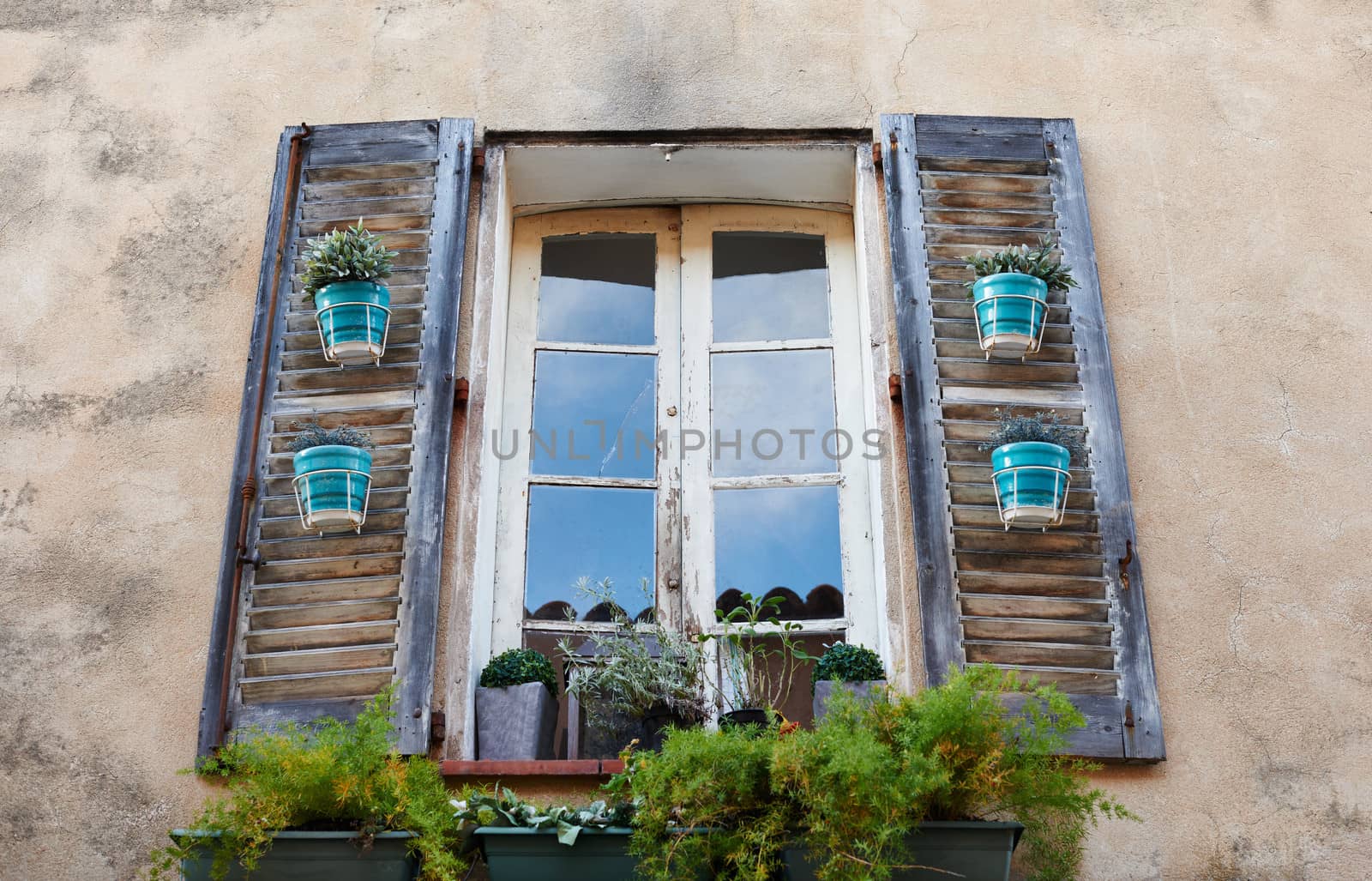 Typical Saint Tropez window with flowers, Provence, France