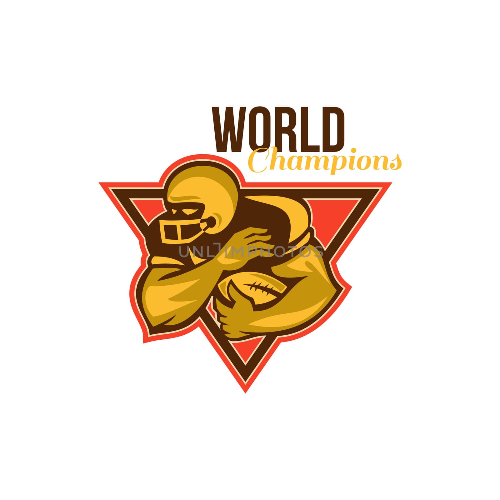 Illustration of an american football gridiron running back player running with ball facing side done in retro style set inside triangle with words World Champions.