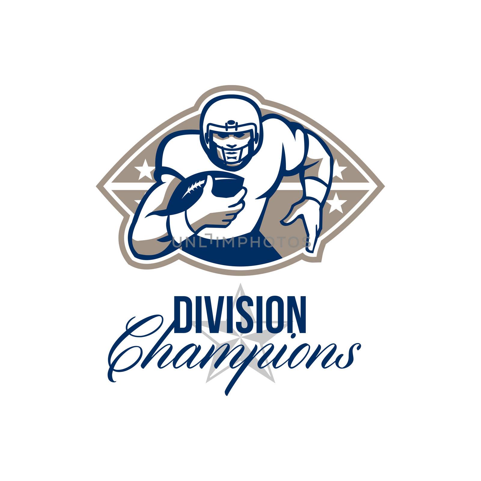 Illustration of an american football gridiron runningback player running with ball facing front done in retro style wiht words Division Champions.