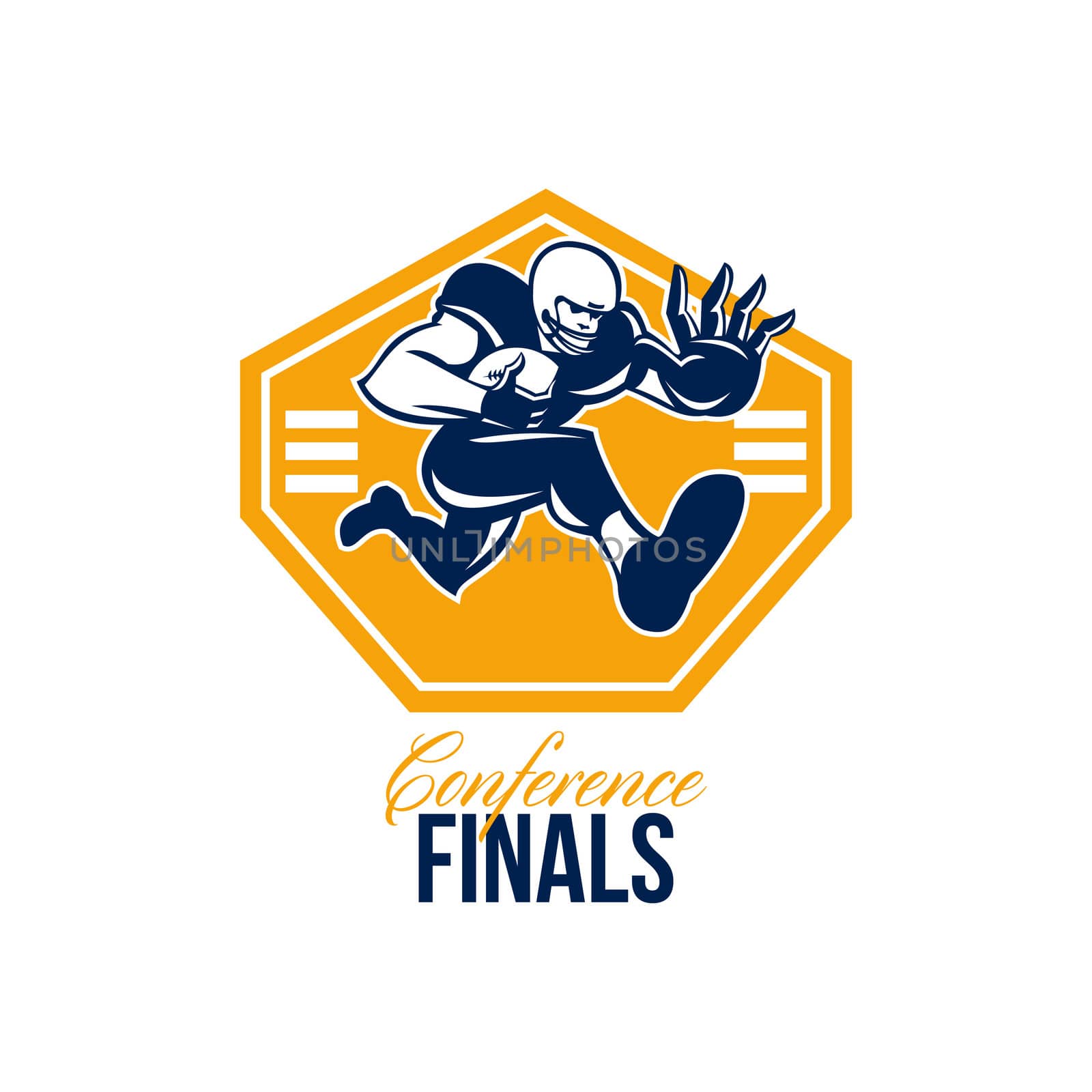 Illustration of an american football gridiron running back player running with ball facing front fending putting out a stiff arm set inside shield done in retro style with words Conference Finals.