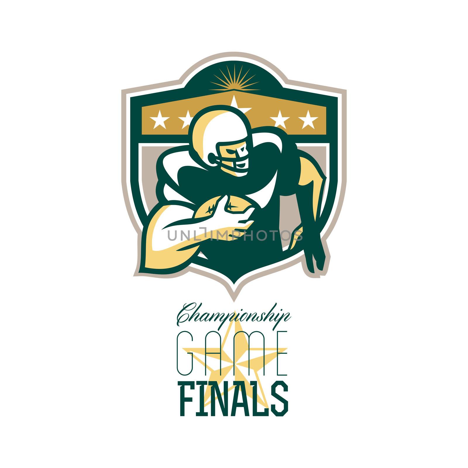 Illustration of an american football gridiron wide receiver running back player running with ball facing side set inside shield with stars done in retro style with words Championship Game Finals.