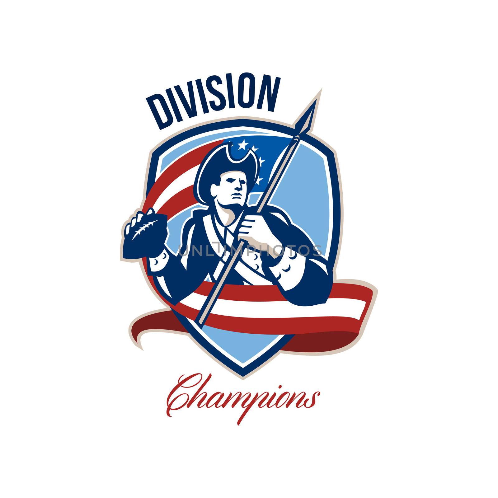 Illustration of an american patriot soldier football gridiron quarterback passing ball facing side carrying stars and stripes flag set inside crest shield done in retro style with words Division Champions.