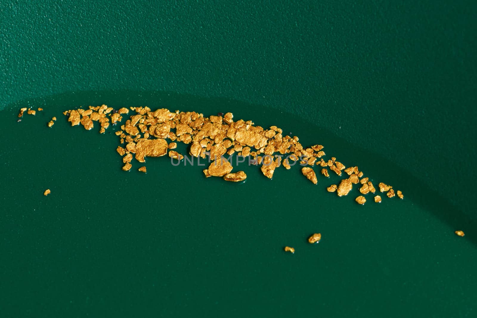 Gold nuggets closeup on the bottom of professional pan