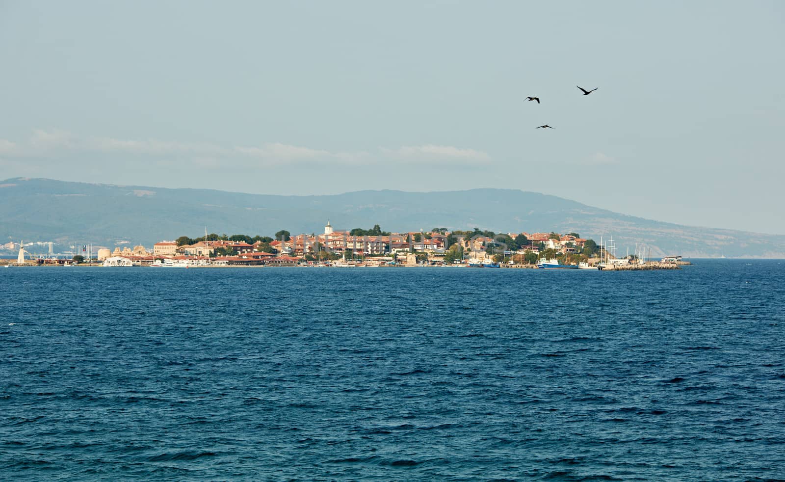 Peninsula of ancient Nessebar town in Bulgaria and blue water of the Black sea