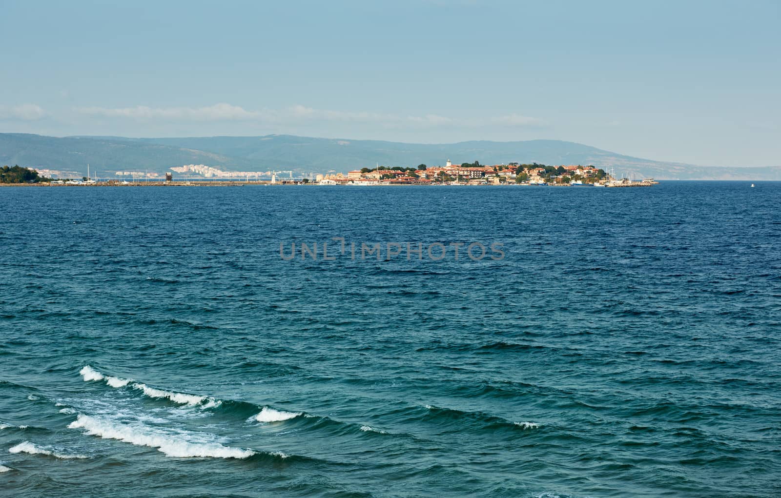 Peninsula of ancient Nessebar town in Bulgaria and blue water of the Black sea