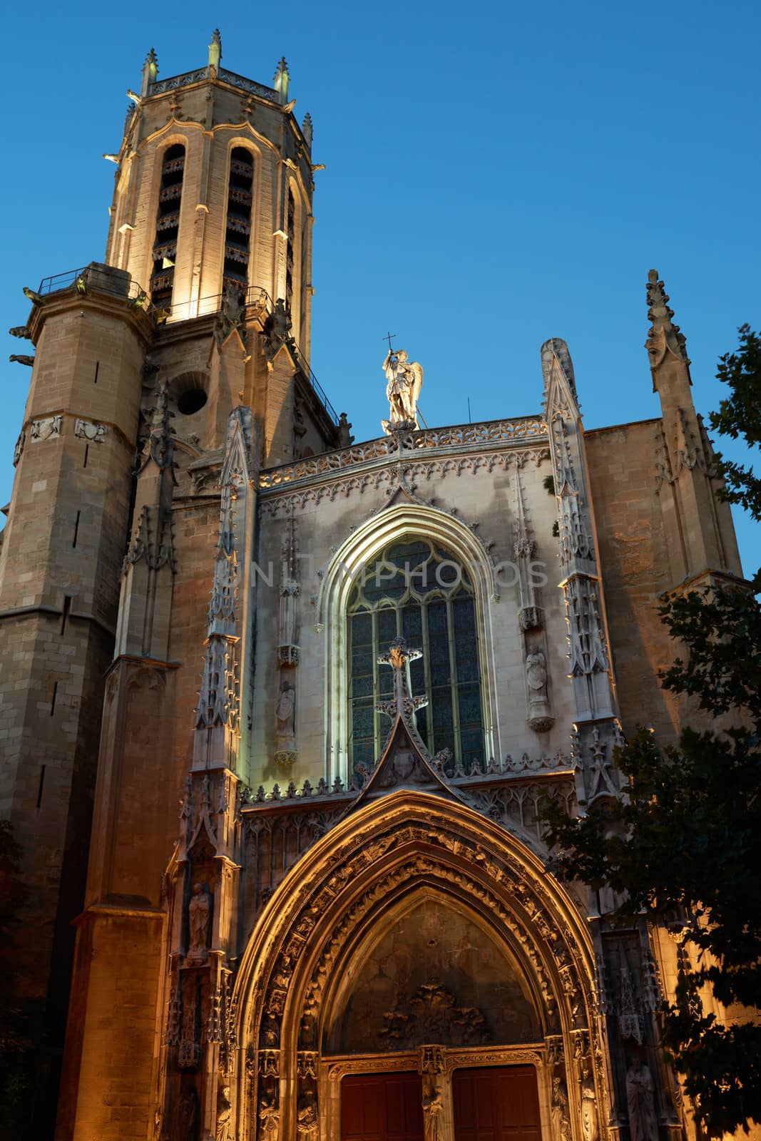 Facade of cathedral Saint-Sauveur in the ancient part of Aix en Provence town, South France, night shot