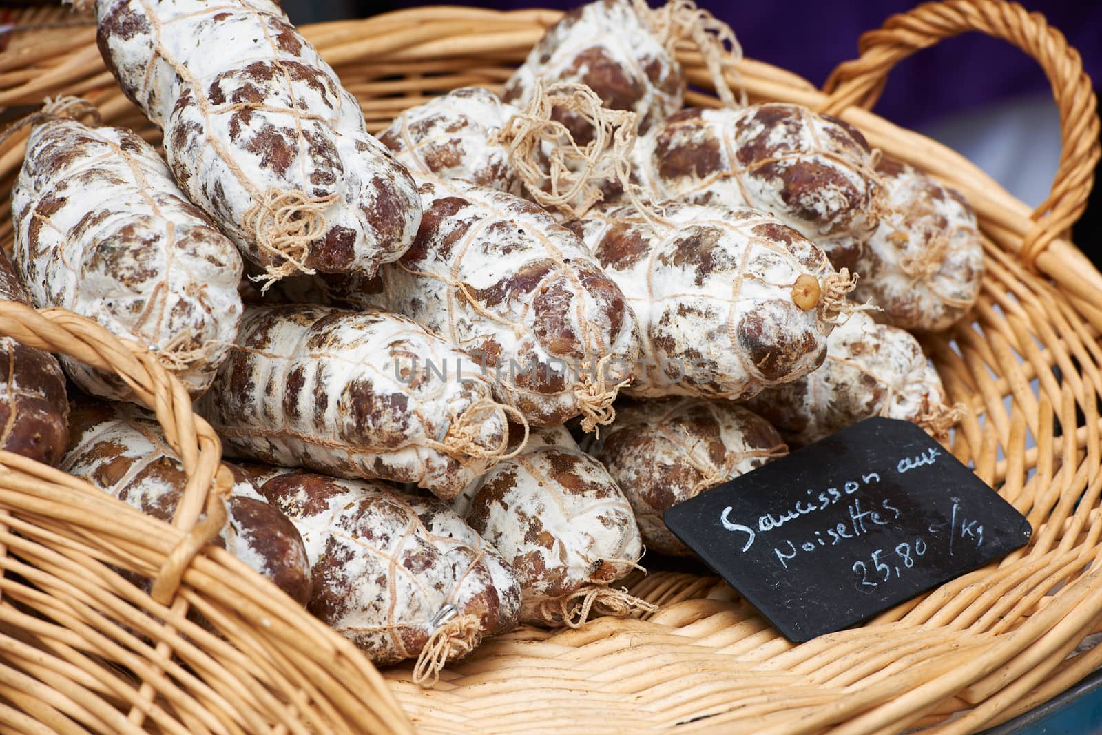 Home-made sausage with hazelnuts at the farmers market in Aix en Provence, France