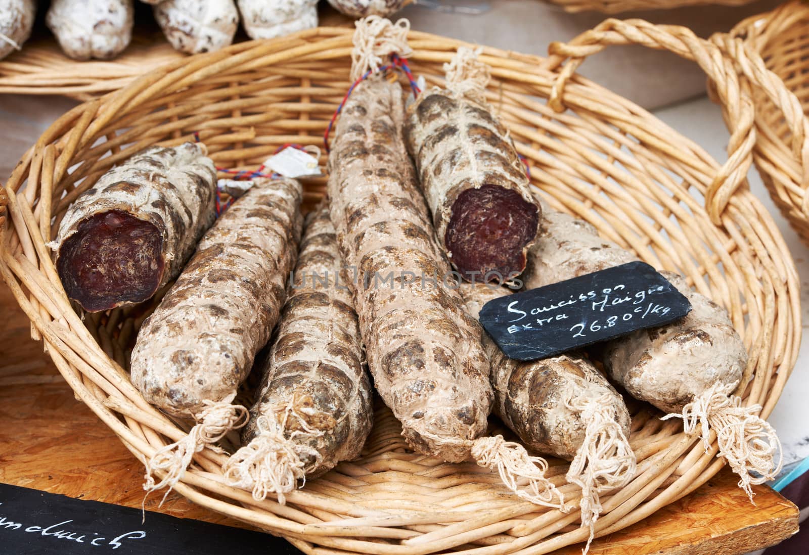 Home-made sausage at the farmers market in Aix en Provence, France