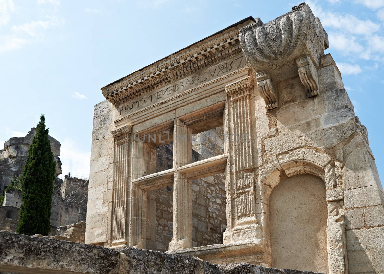 Ancient remains of Roman buildings in French village Les Baux de Provence, South France