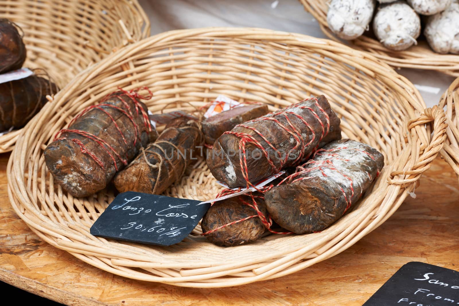 Home-made special sausage at the farmers market in Aix en Provence, France