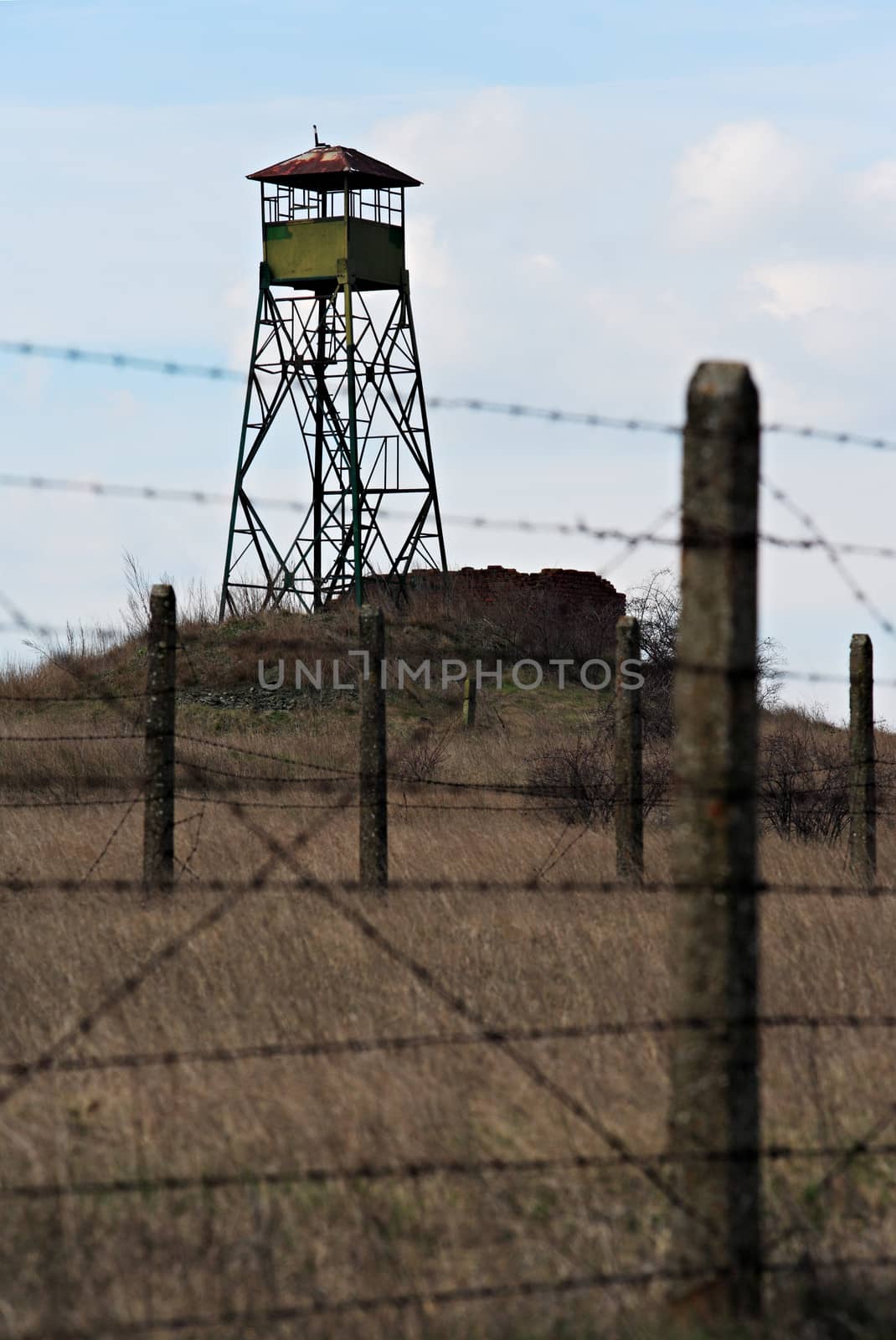 Old military observation point and barbed wire from the cold war period in Eastern Europe