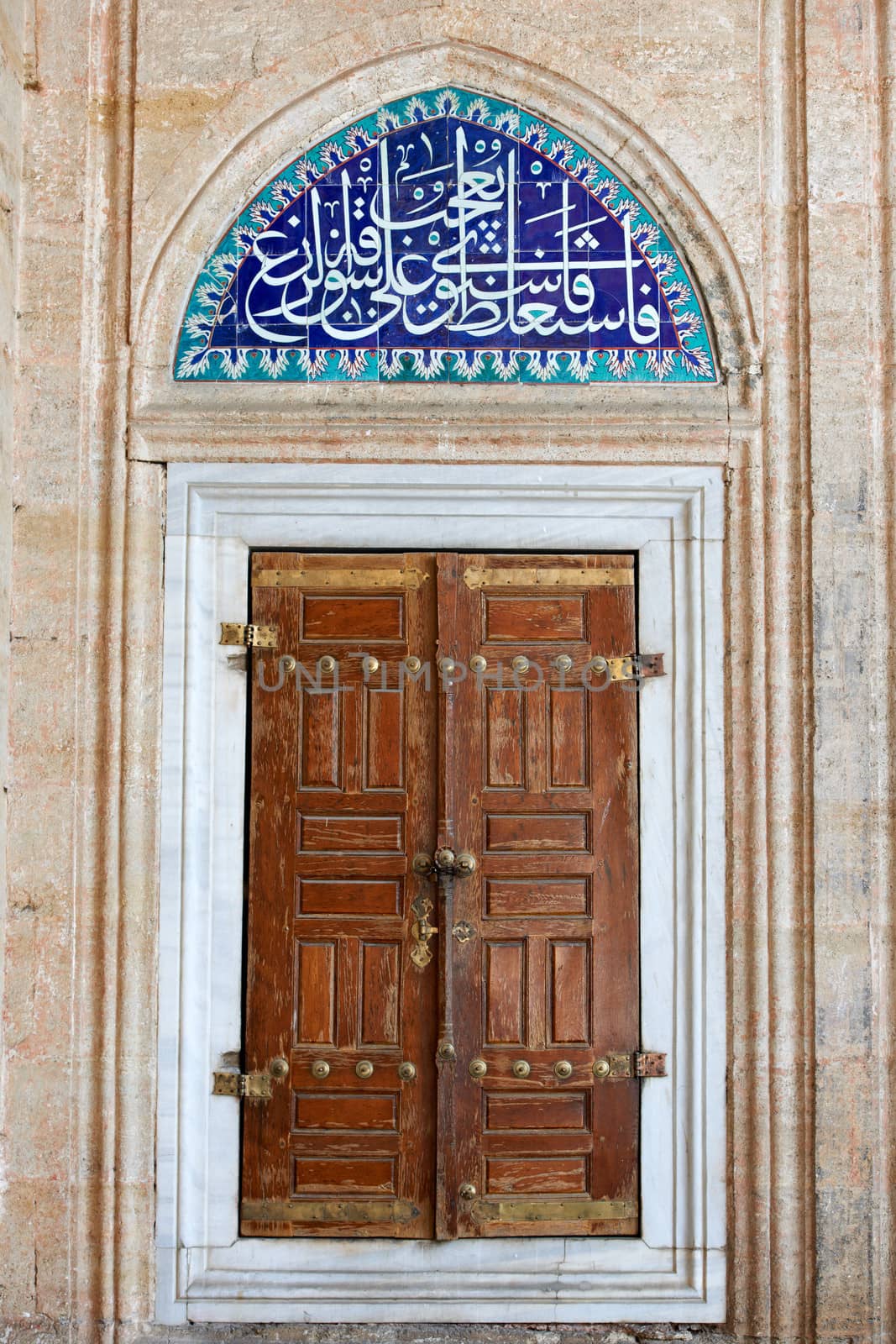 Old wooden door with muslim ornaments in Selimie mosque