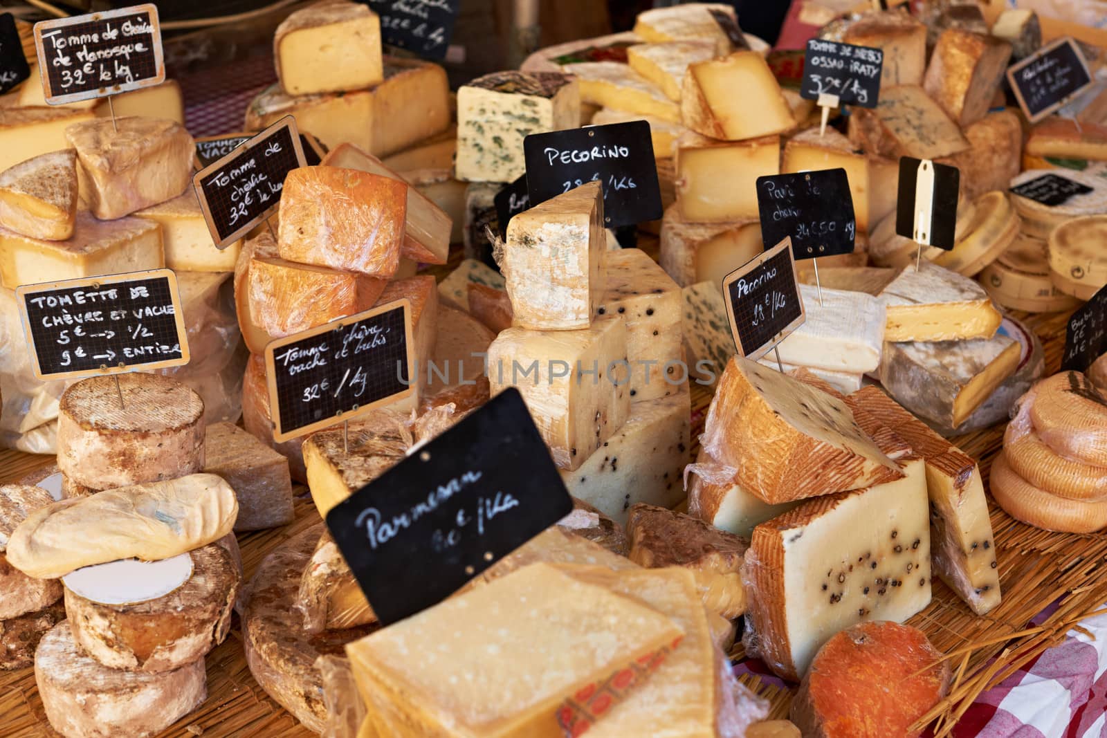 Random French cheese on a market in Provence