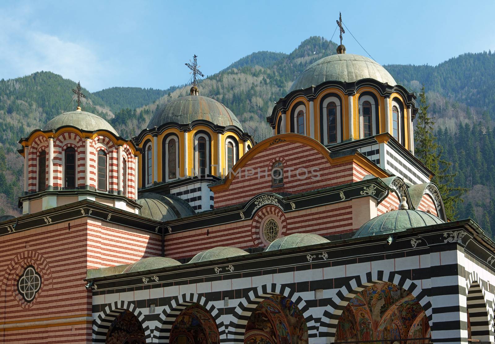 The domes of the church in Rila monastery, Bulgaria