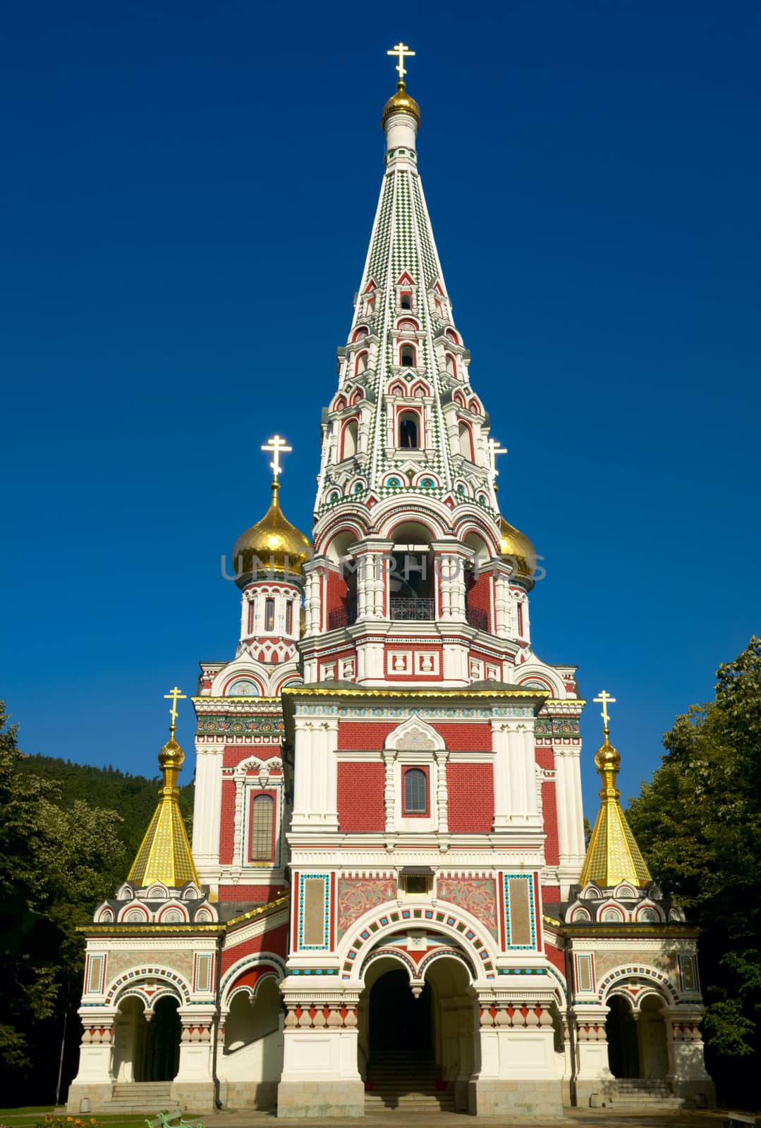 Golden domes russian monument-church near Shipka village in Bulgaria