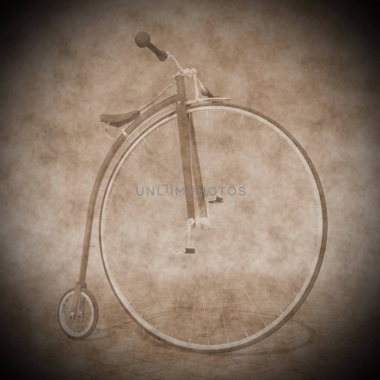 Beautiful penny farthing bicycle with one big front wheel in the street, vintage style