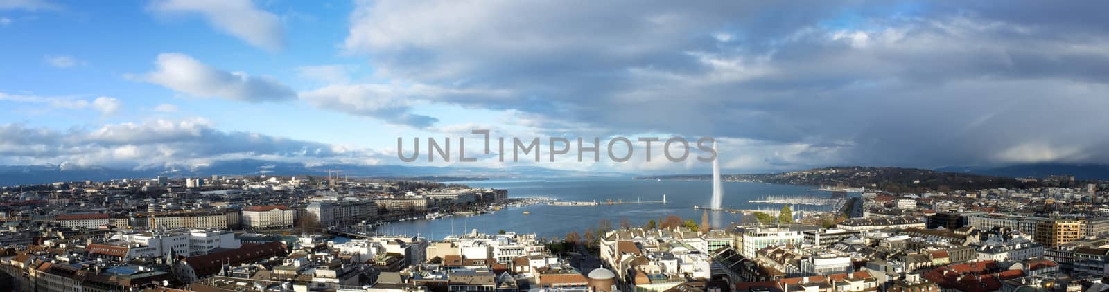 Panorama of Geneva city by beautiful day from cathedral famous Saint-Pierre, Switzerland