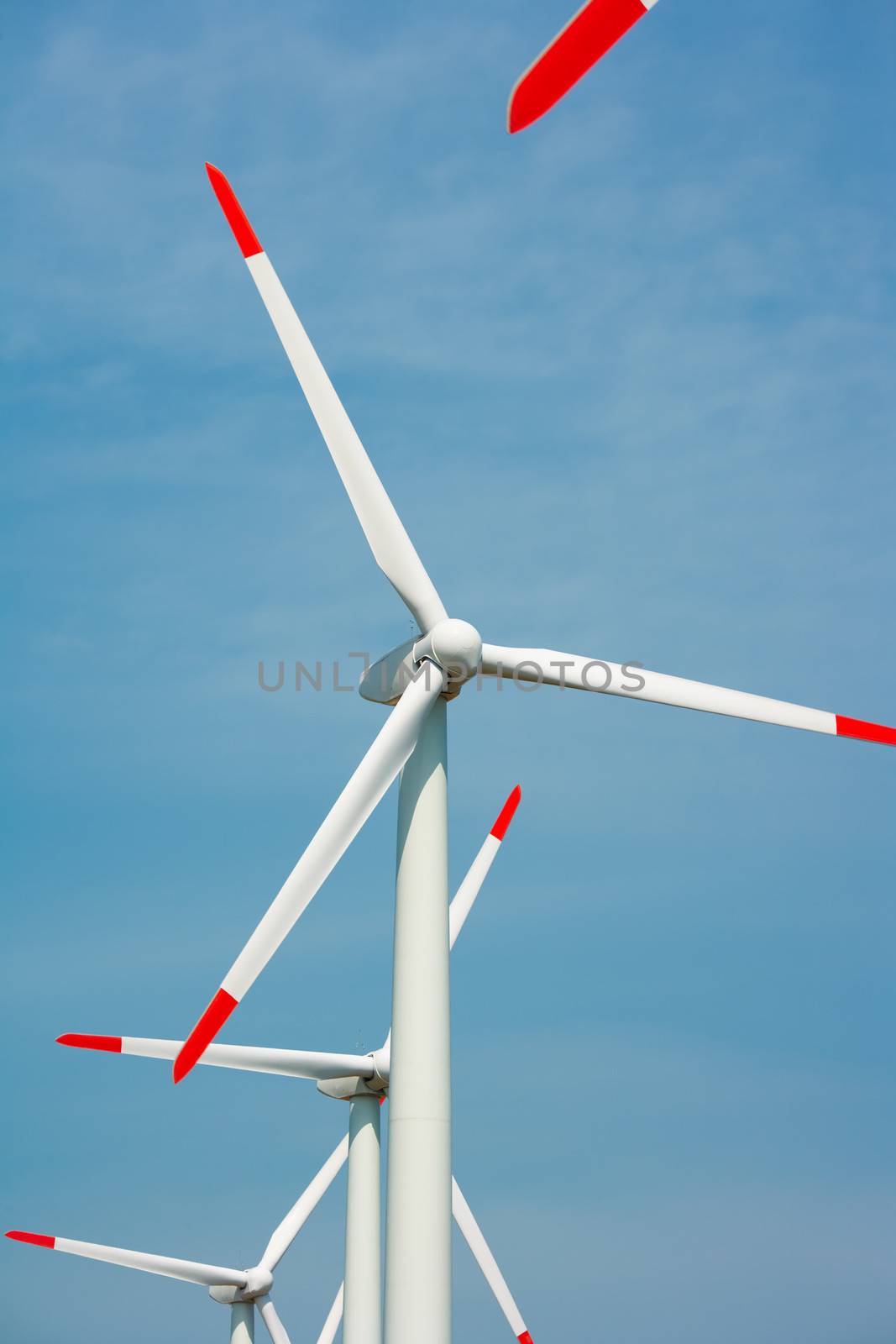 Close-up of heads of nature preserving wind electricity generators