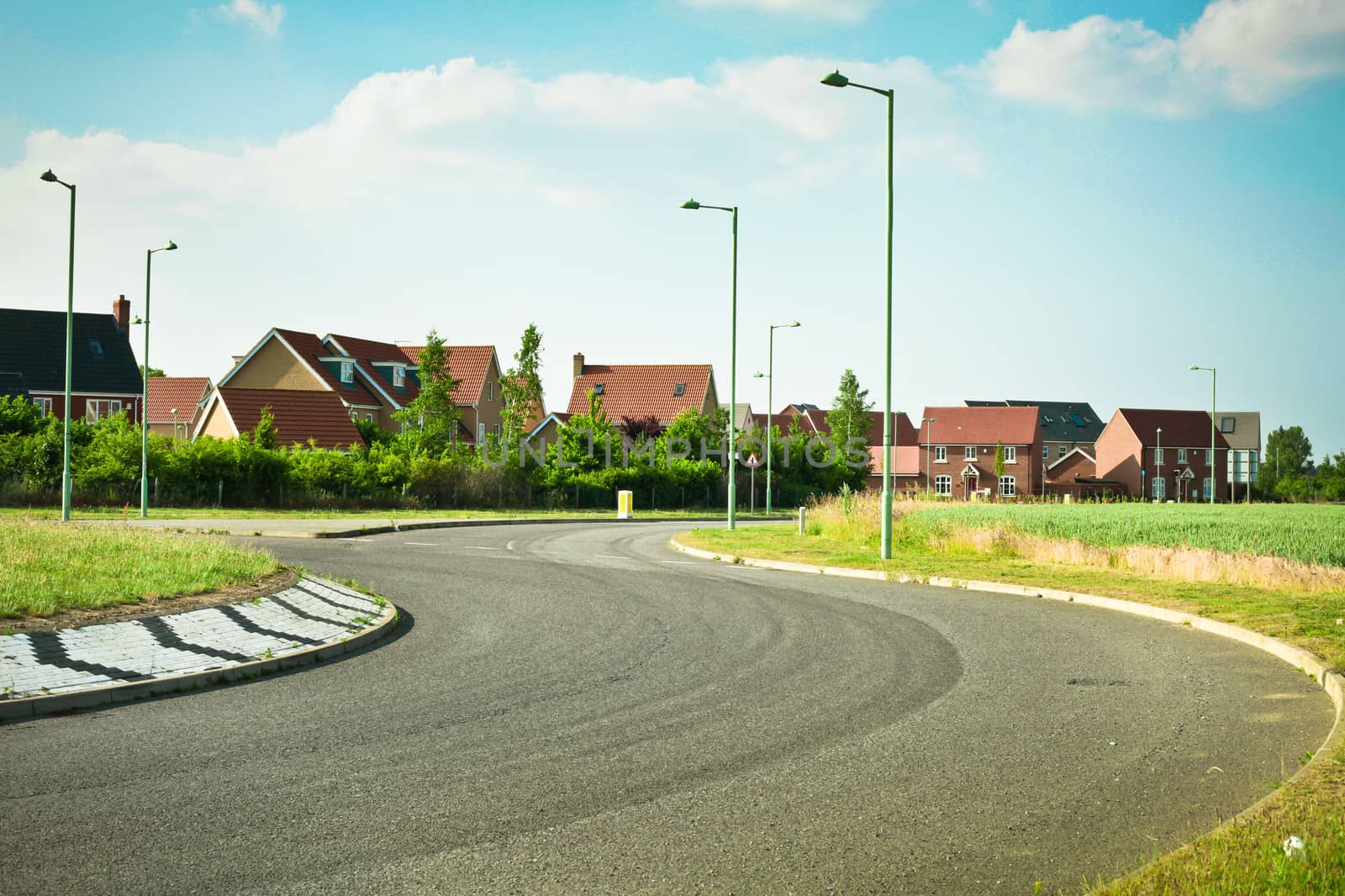 Modern road and roundabout in rural England