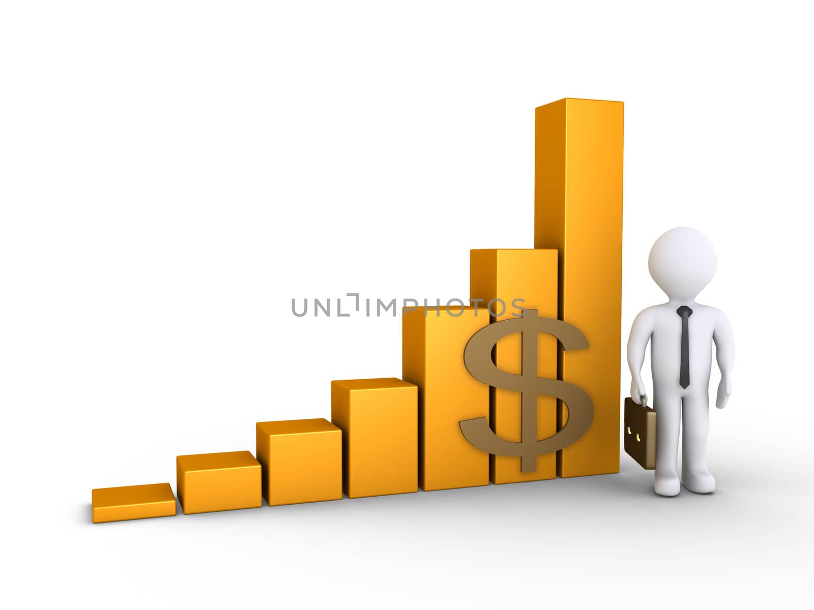 3d businessman is standing next to a rising graphic chart