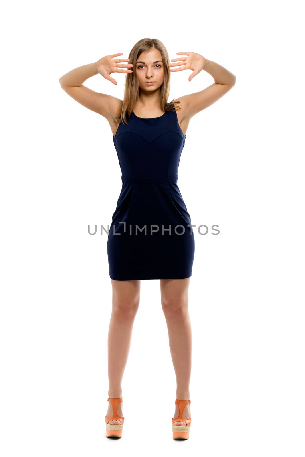 Beautiful girl in sexy mini dress. Isolate on white background