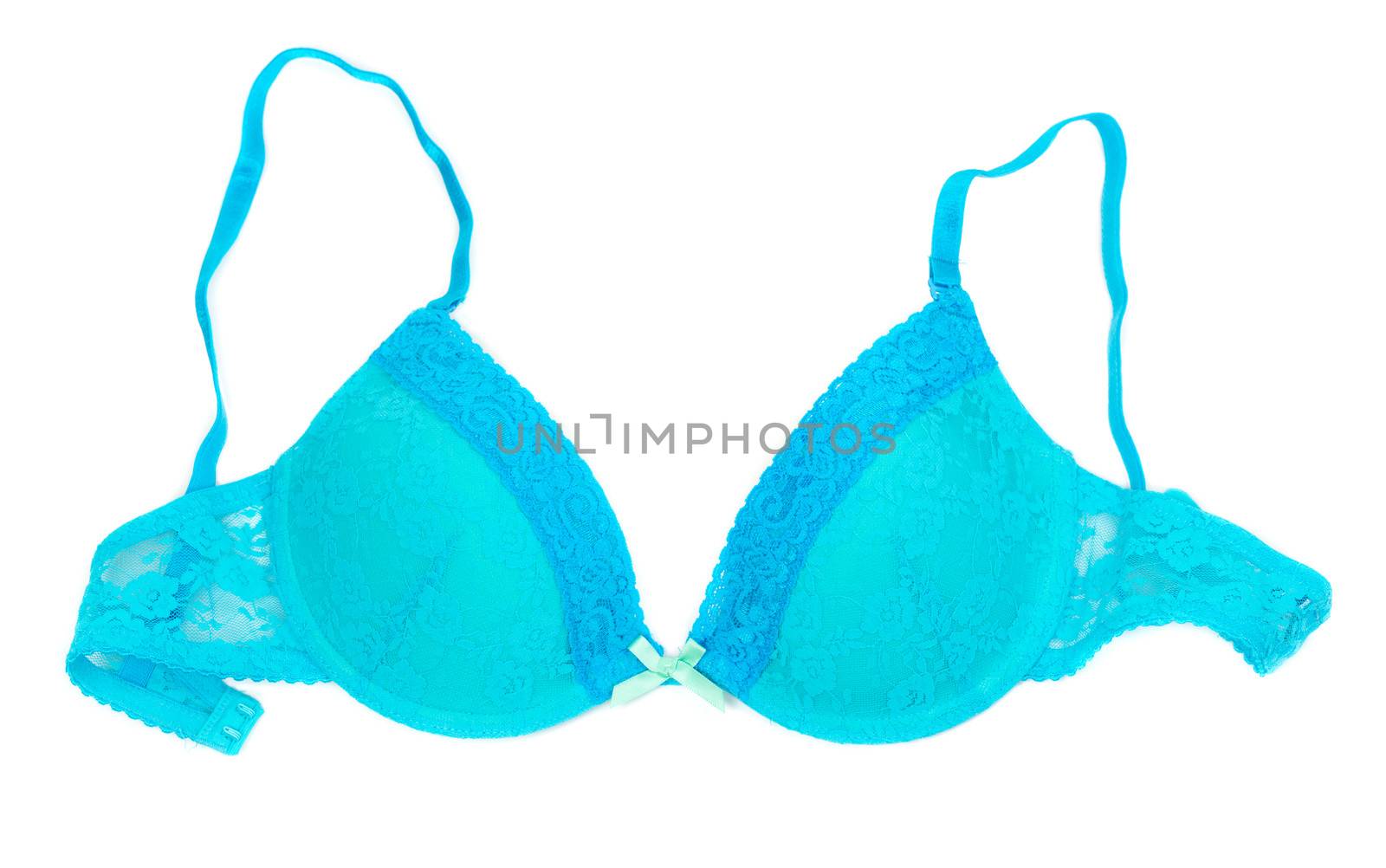 Light blue cute delicate lacework bra isolated on white background.