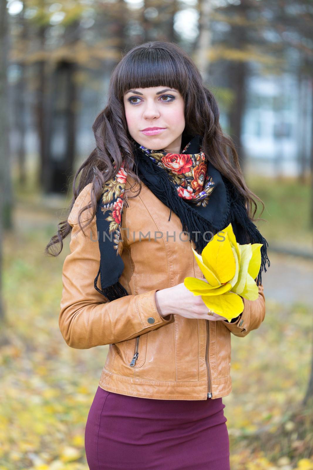 Portrait of a beautiful girl in the autumn forest with yellow leaves in hands