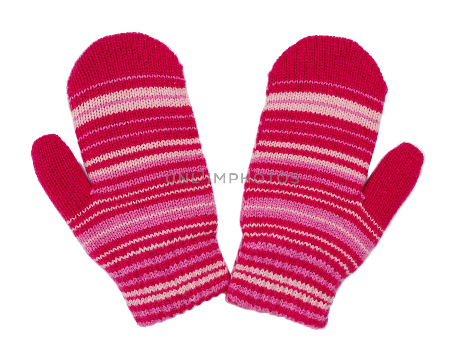 pair of red striped mittens. Isolate on white.