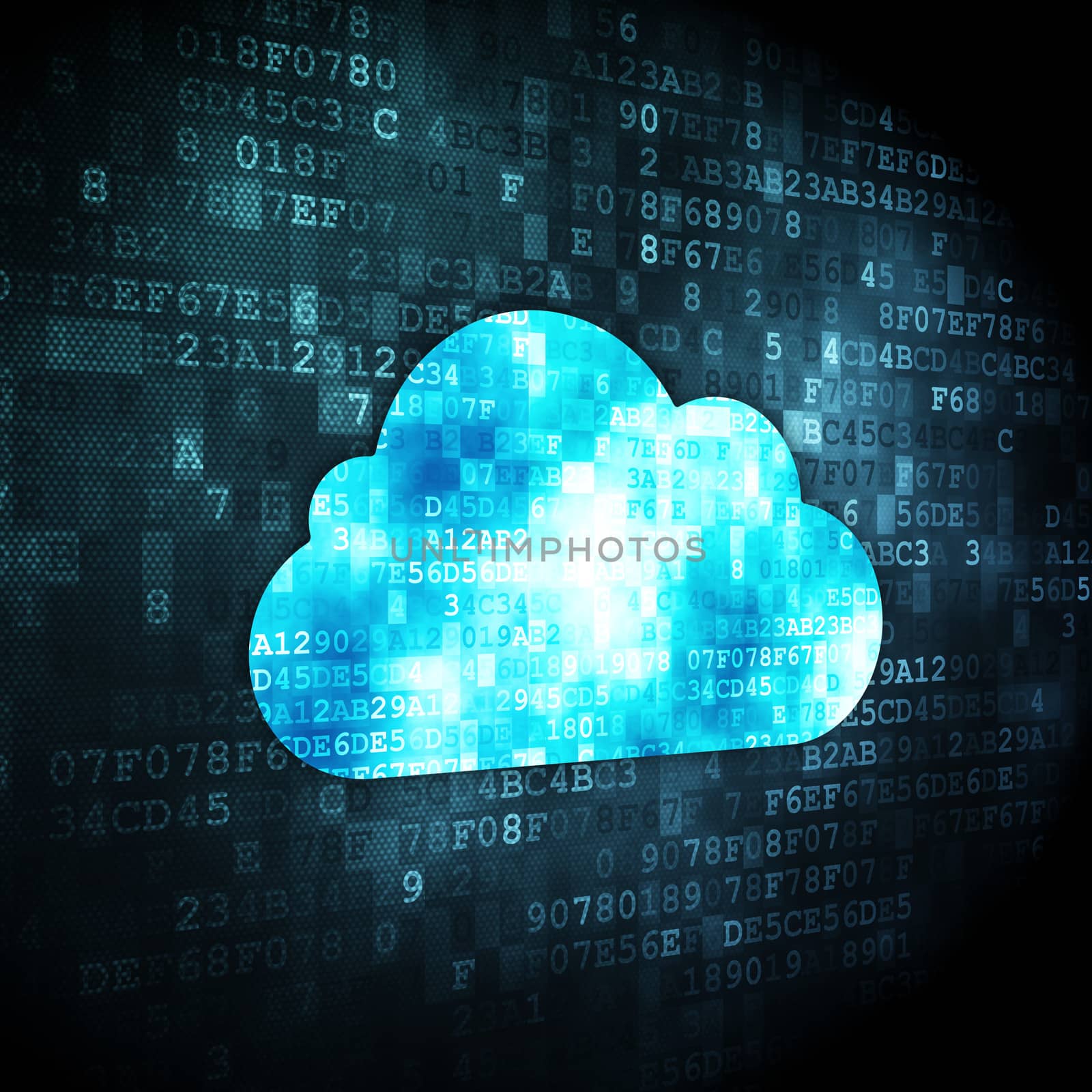 Cloud networking concept: pixelated Cloud icon on digital background, 3d render