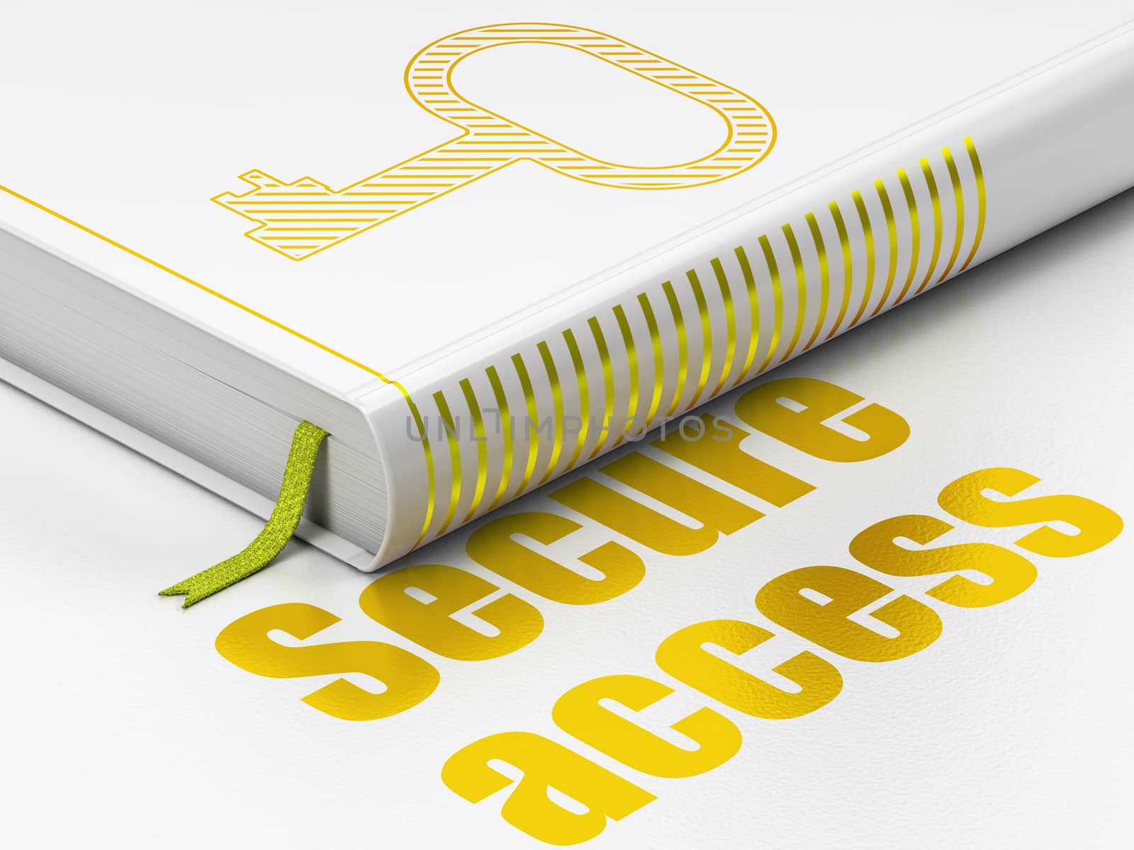 Protection concept: closed book with Gold Key icon and text Secure Access on floor, white background, 3d render