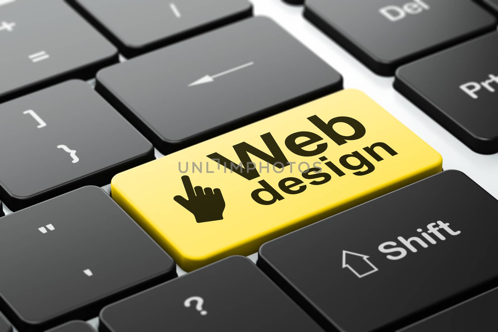 Web development concept: computer keyboard with Mouse Cursor icon and word Web Design, selected focus on enter button, 3d render