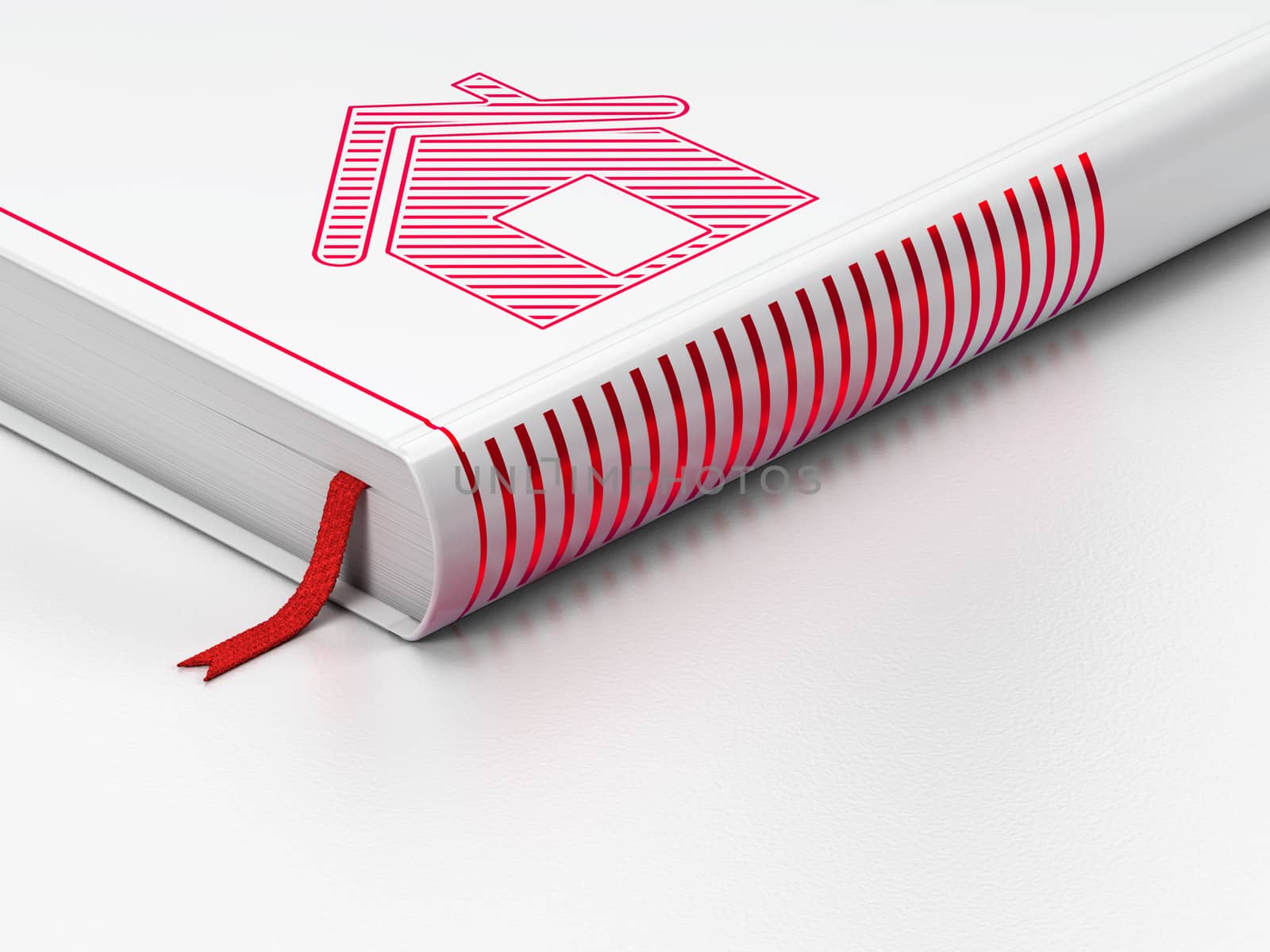 Protection concept: closed book with Red Home icon on floor, white background, 3d render