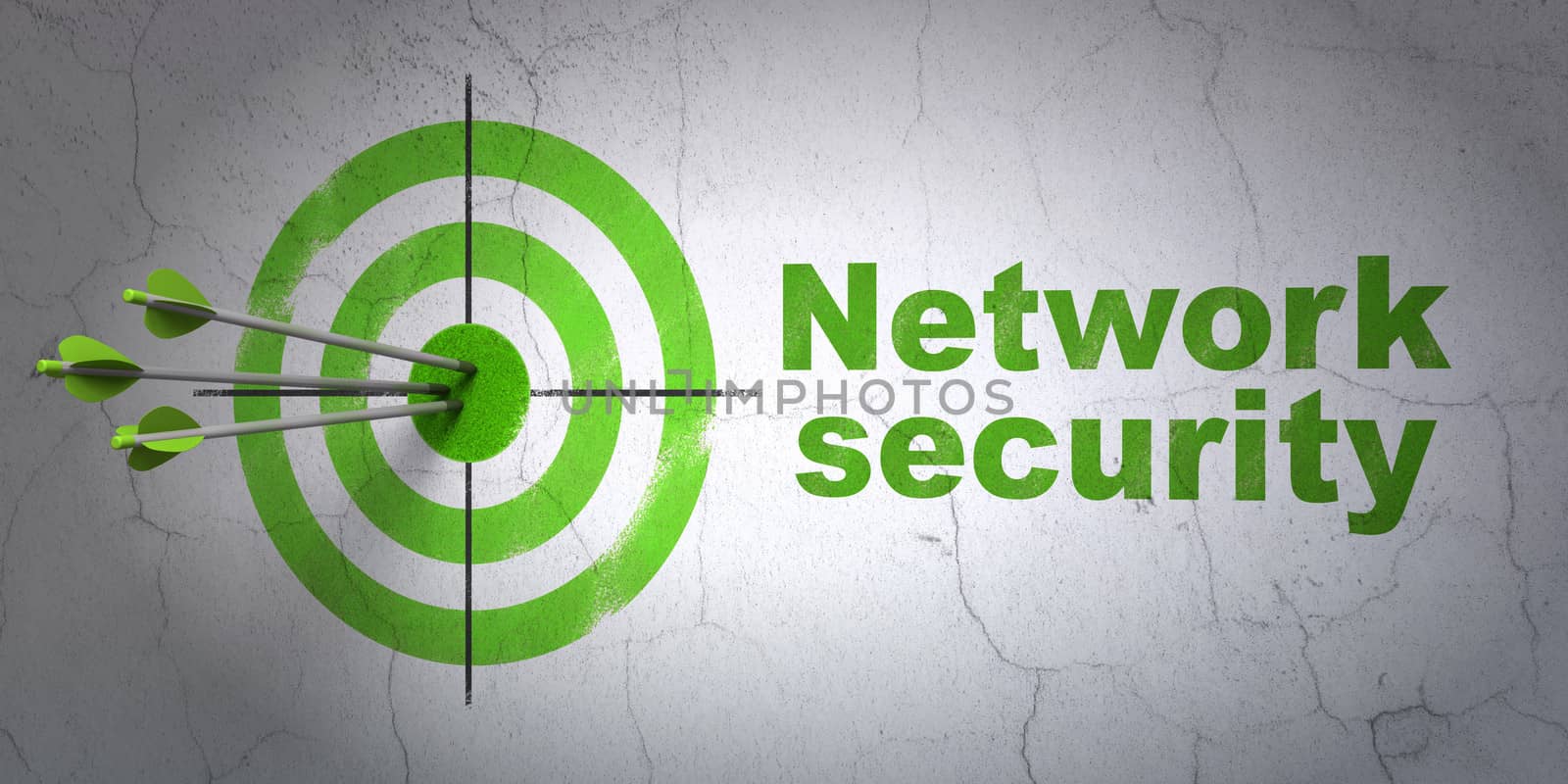 Success protection concept: arrows hitting the center of target, Green Network Security on wall background, 3d render