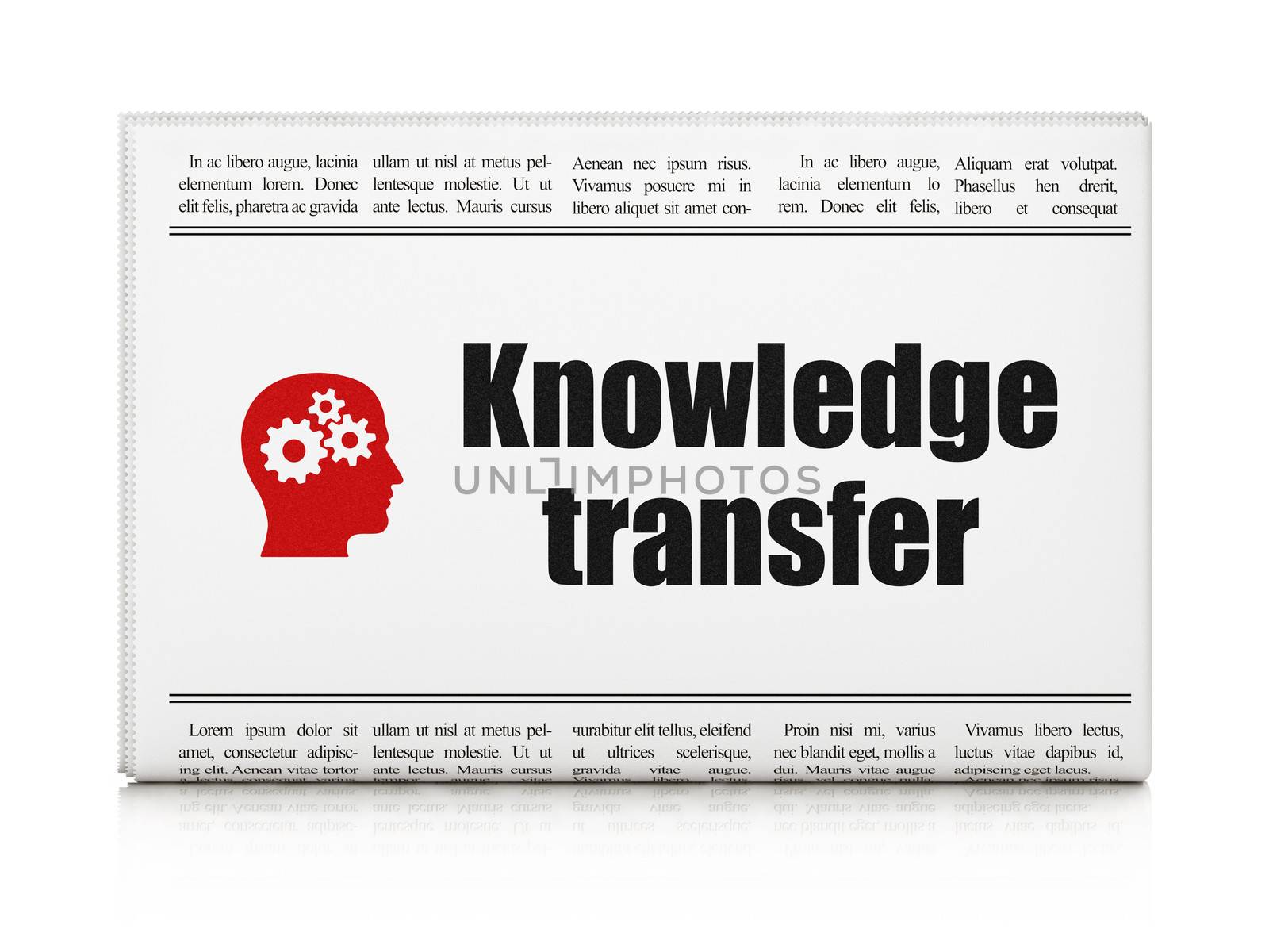 Education concept: newspaper headline Knowledge Transfer and Head With Gears icon on White background, 3d render