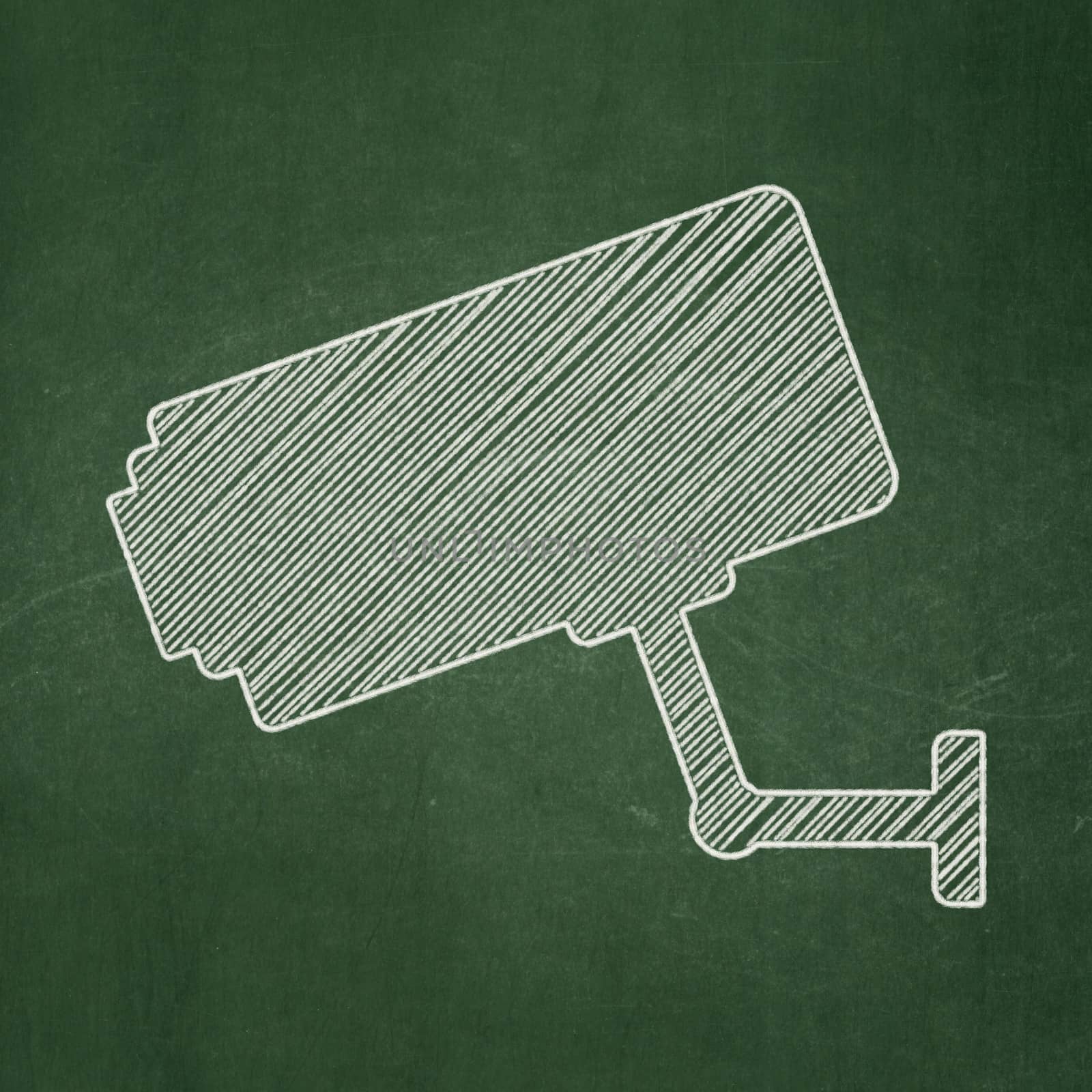 Privacy concept: Cctv Camera icon on Green chalkboard background, 3d render