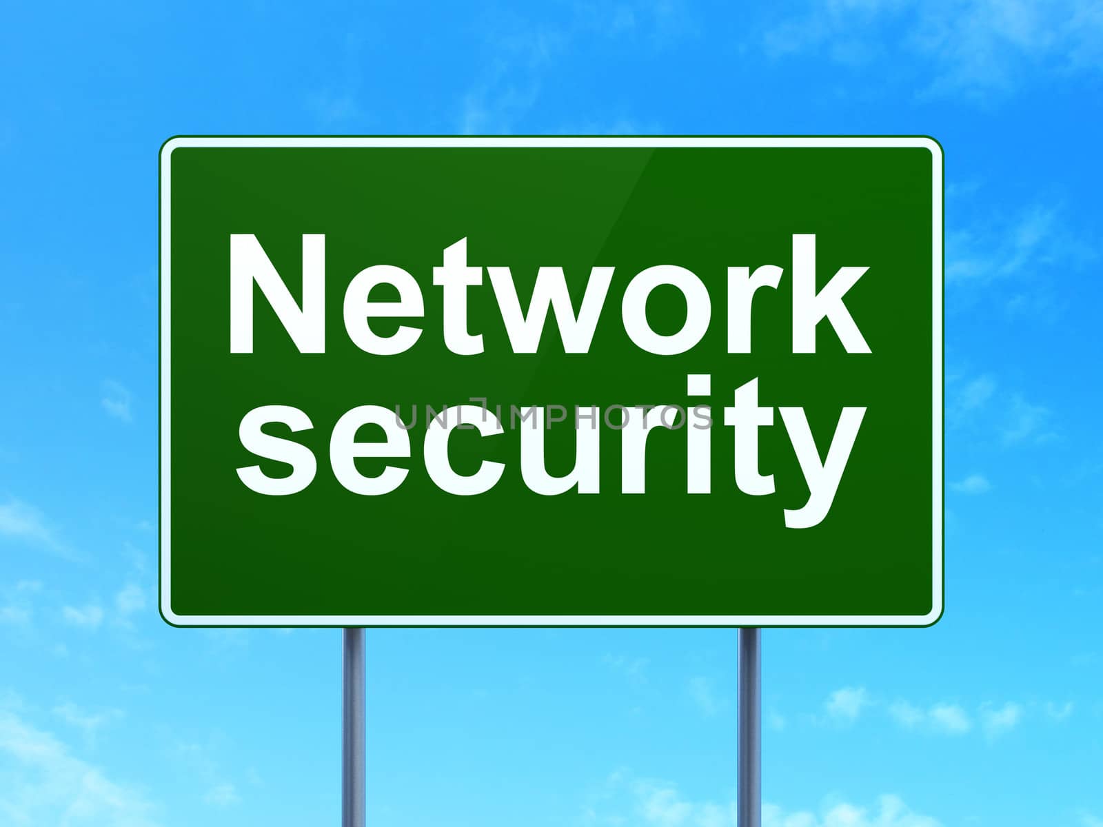 Privacy concept: Network Security on green road (highway) sign, clear blue sky background, 3d render