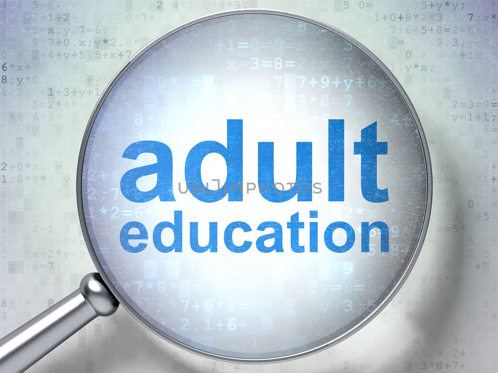 Education concept: magnifying optical glass with words Adult Education on digital background, 3d render