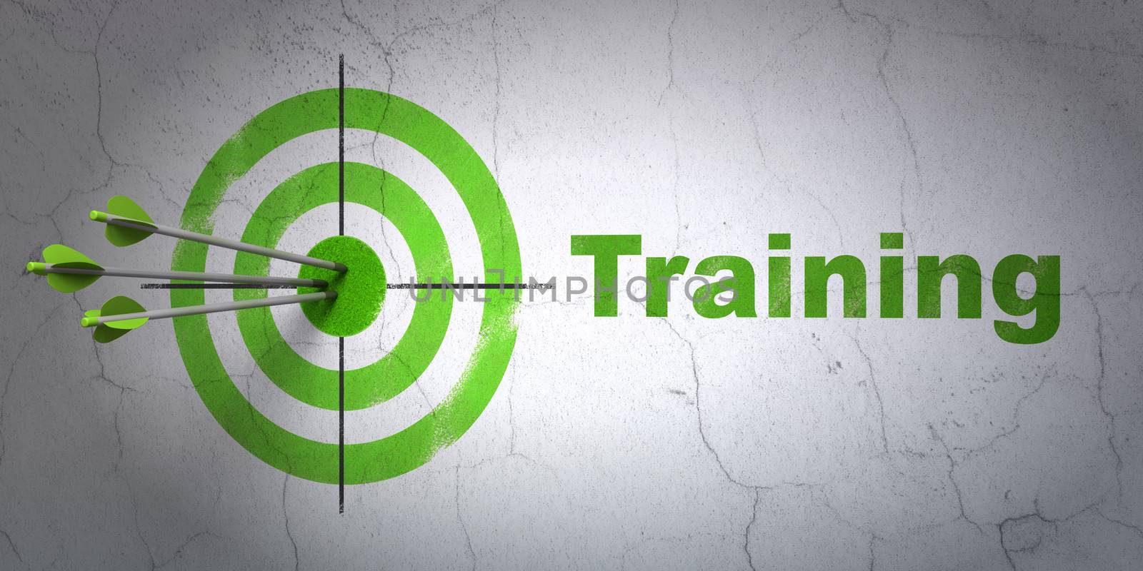 Success Education concept: arrows hitting the center of target, Green Training on wall background, 3d render