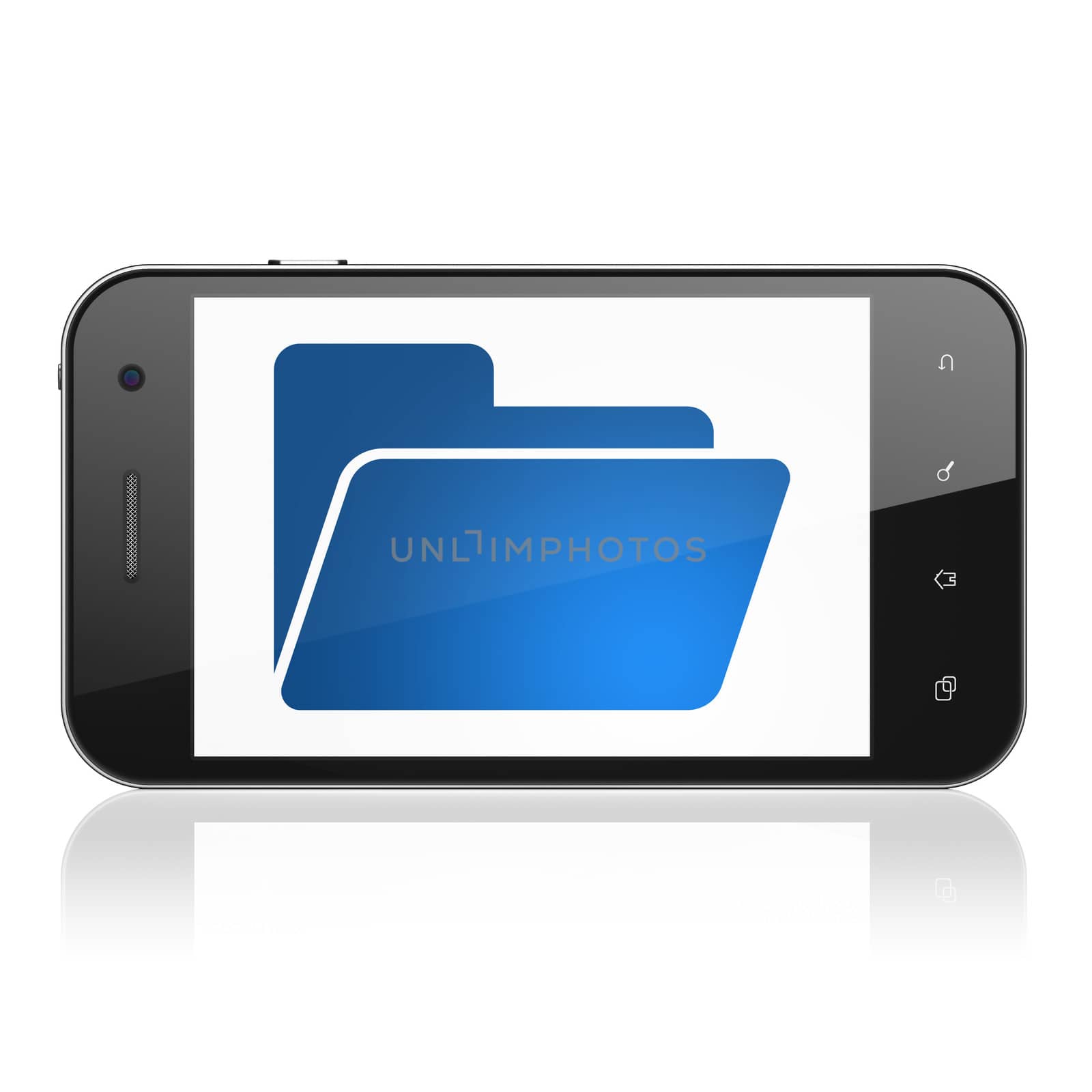 Finance concept: smartphone with Folder icon on display. Mobile smart phone on White background, cell phone 3d render