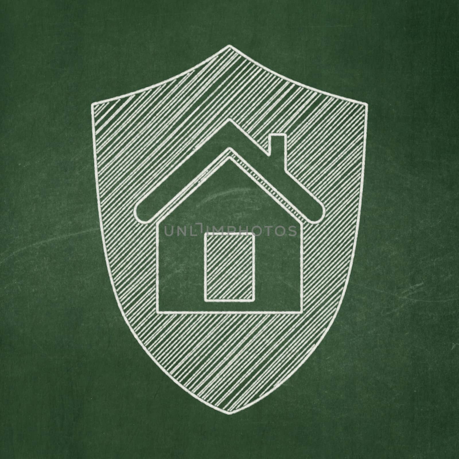 Finance concept: Shield icon on Green chalkboard background, 3d render