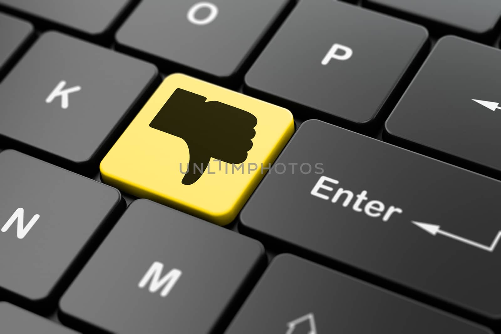 Social network concept: computer keyboard with Thumb Down icon on enter button background, 3d render