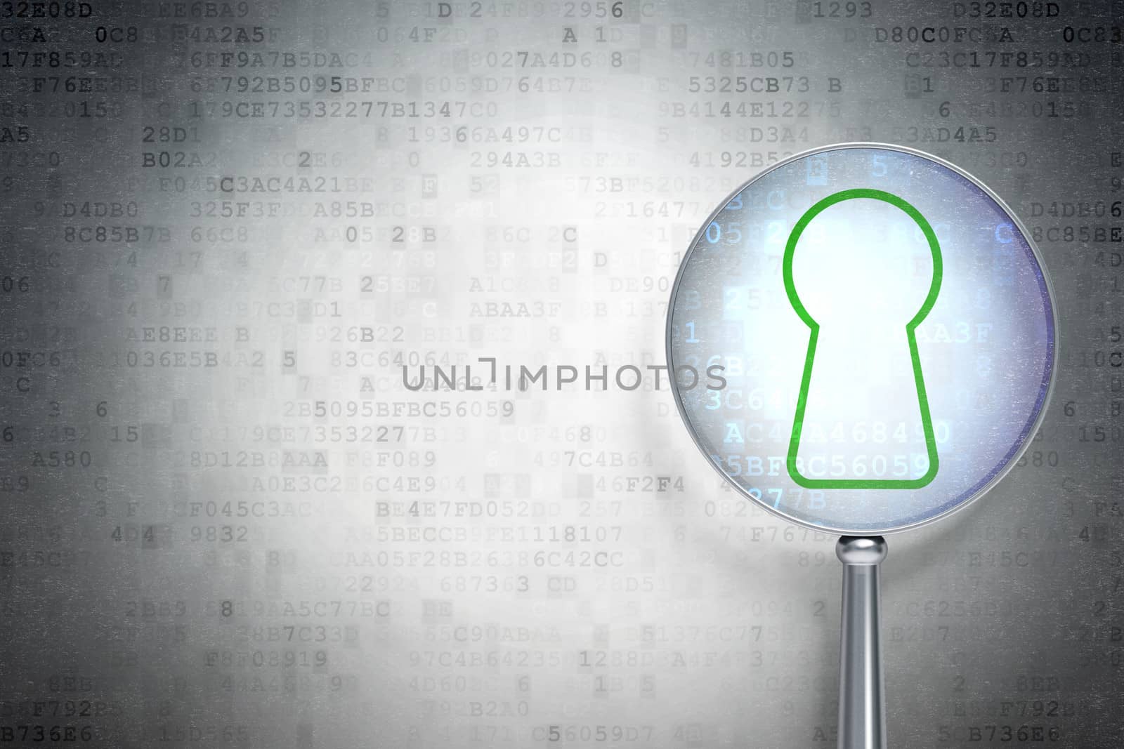 Protection concept: magnifying optical glass with Keyhole icon on digital background, empty copyspace for card, text, advertising, 3d render