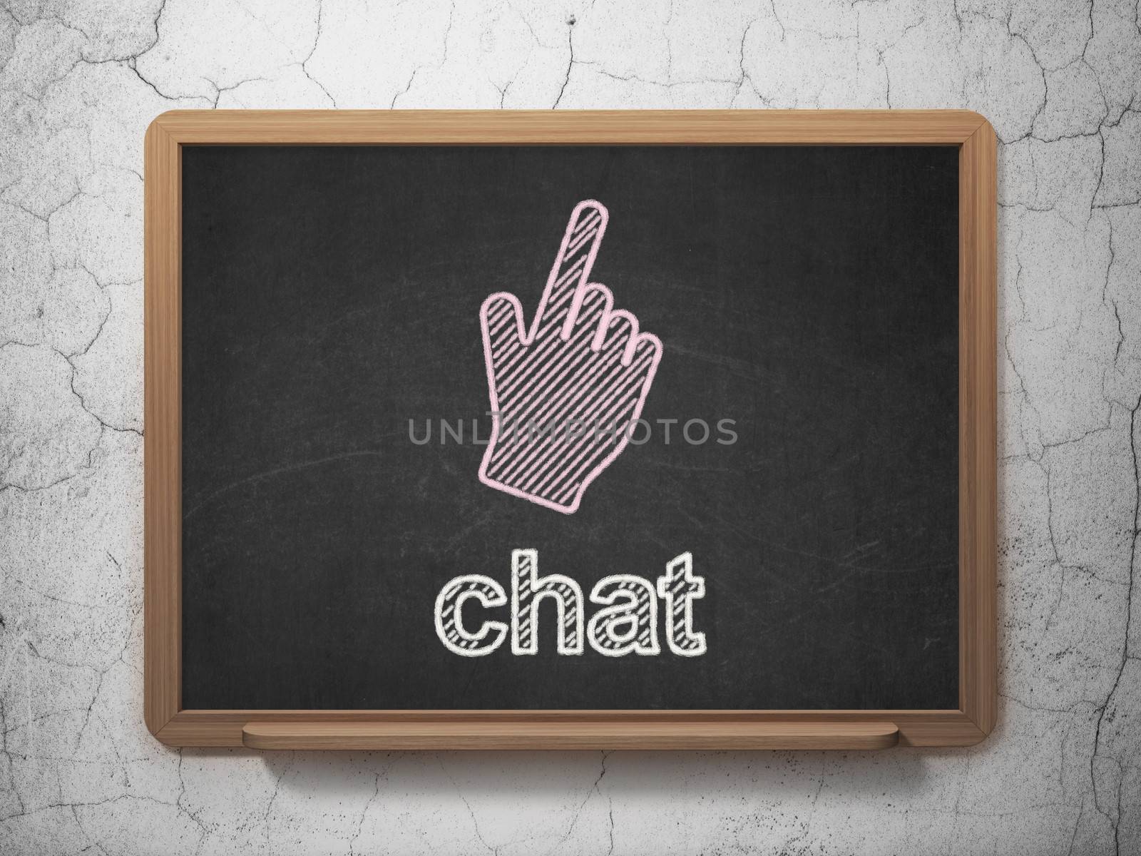 Web development concept: Mouse Cursor icon and text Chat on Black chalkboard on grunge wall background, 3d render