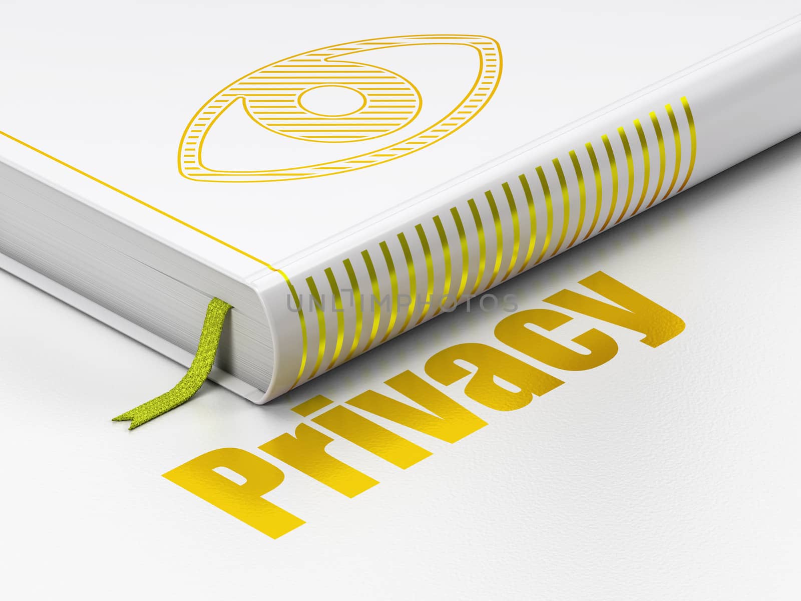 Protection concept: closed book with Gold Eye icon and text Privacy on floor, white background, 3d render