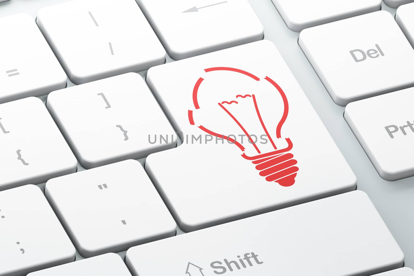 Finance concept: Enter button with Light Bulb on computer keyboard background, 3d render