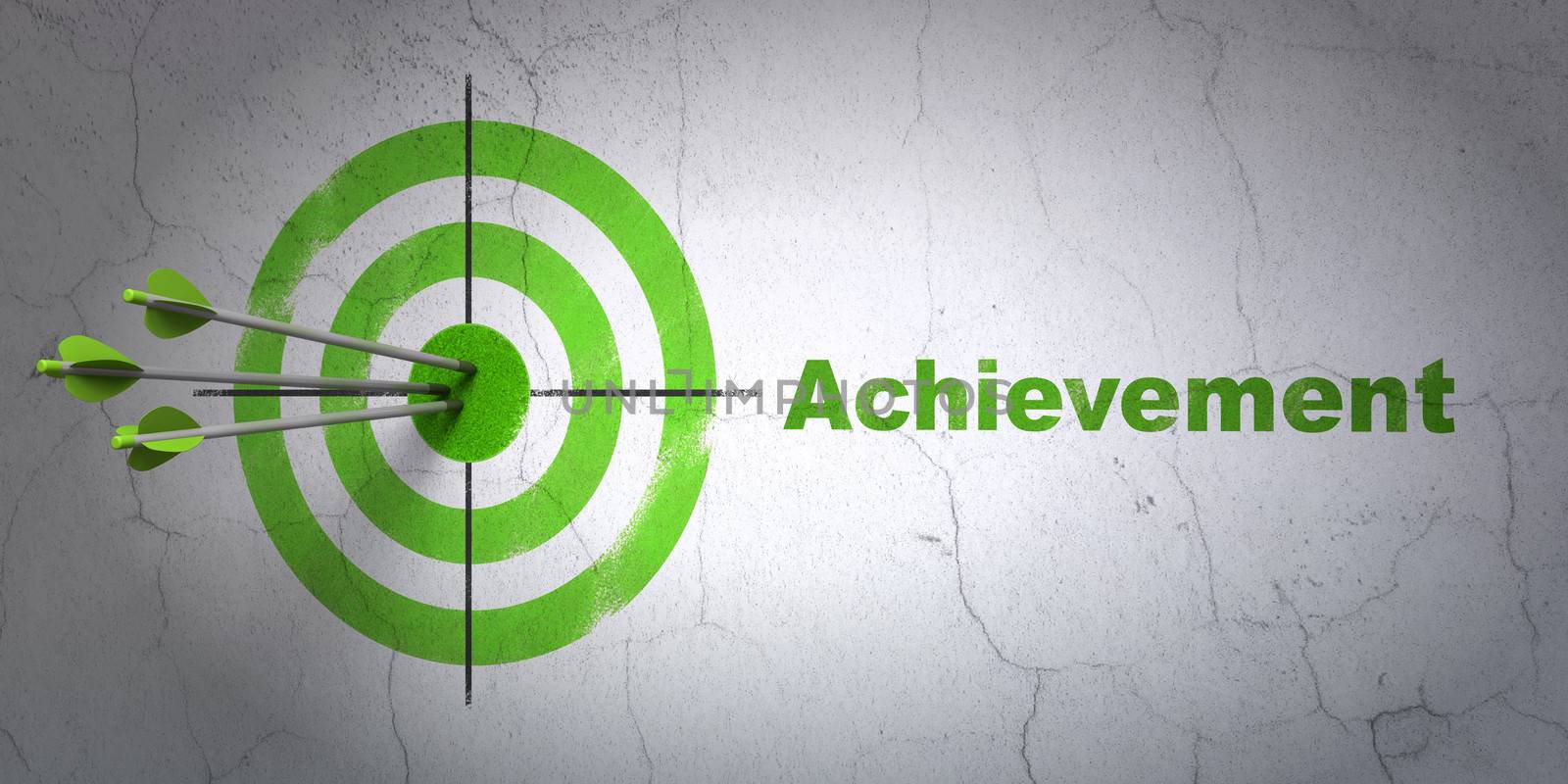 Success Education concept: arrows hitting the center of target, Green Achievement on wall background, 3d render