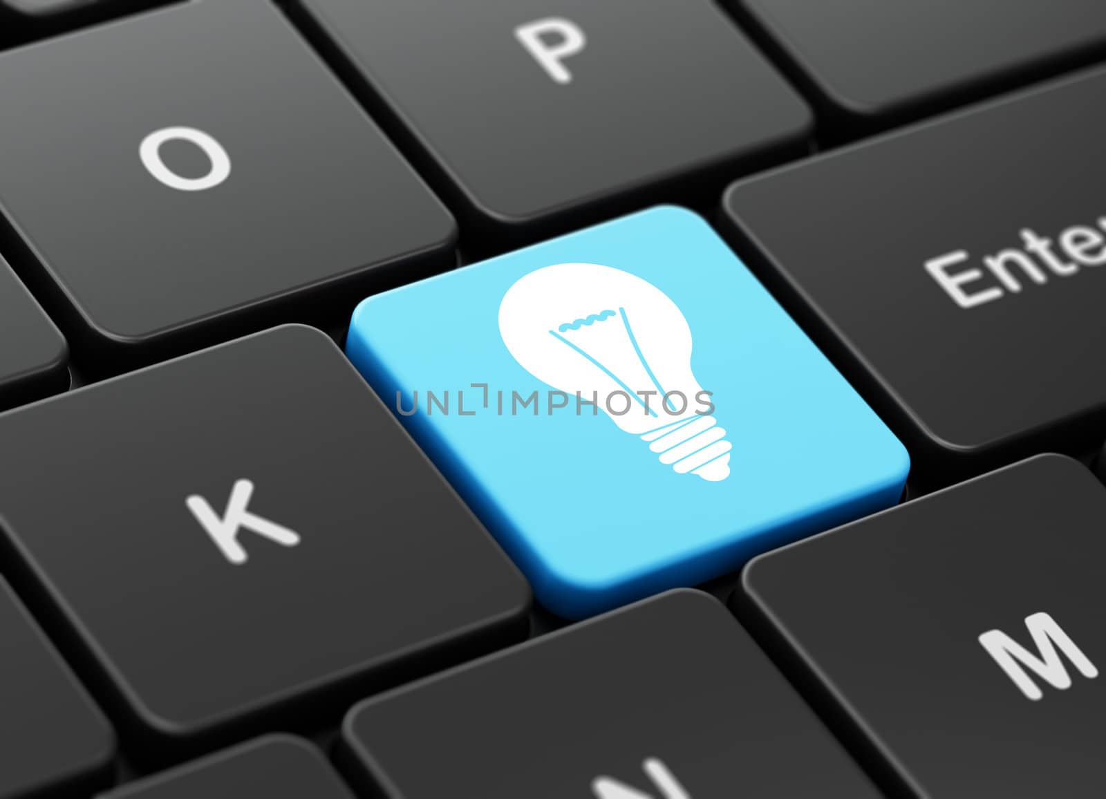 Finance concept: computer keyboard with Light Bulb icon on enter button background, 3d render