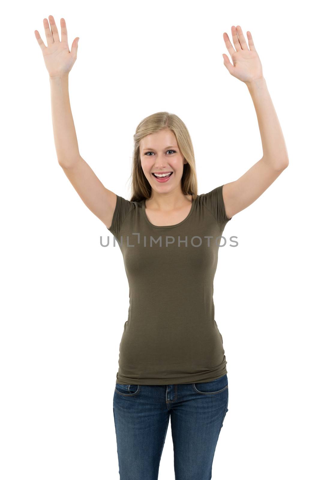 Young beautiful sexy female with blank shirt and arms raised in the air. Ready for your design or artwork.